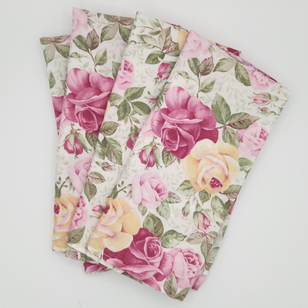 Vintage Rose Print Napkins Pink, yellow, green, white - set of 4